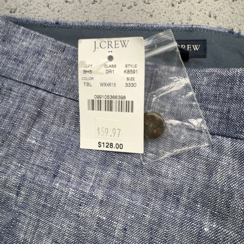 J.Crew Thompson Dress Pants Mens 33x30 Blue White 100% Linen Flat Front Trousers